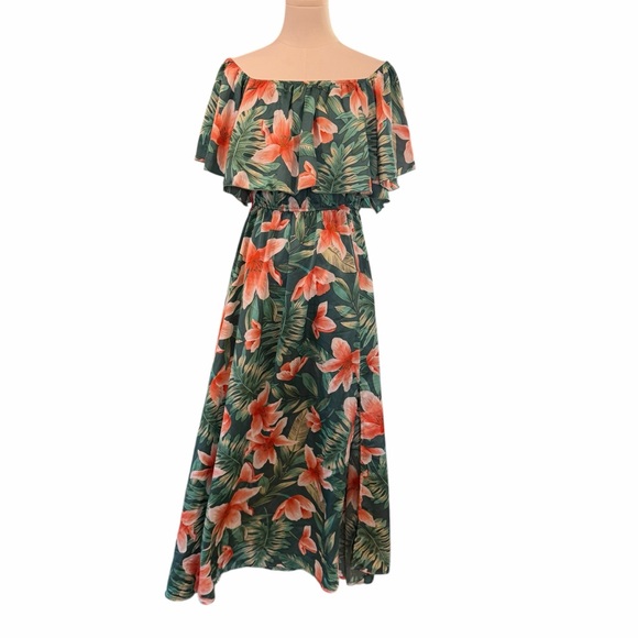 Cupshe Dresses & Skirts - Cupshe Tropical Floral Maxi Dress Green Orange Ruffle Off Shoulder Large Boho